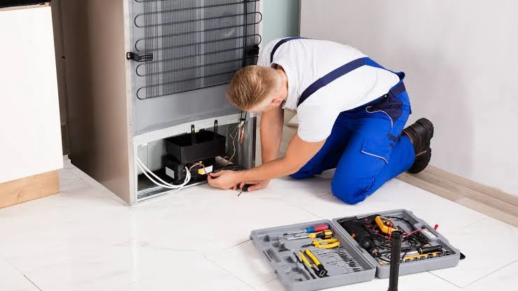 Technician inspecting the compressor area at the back of a refrigerator